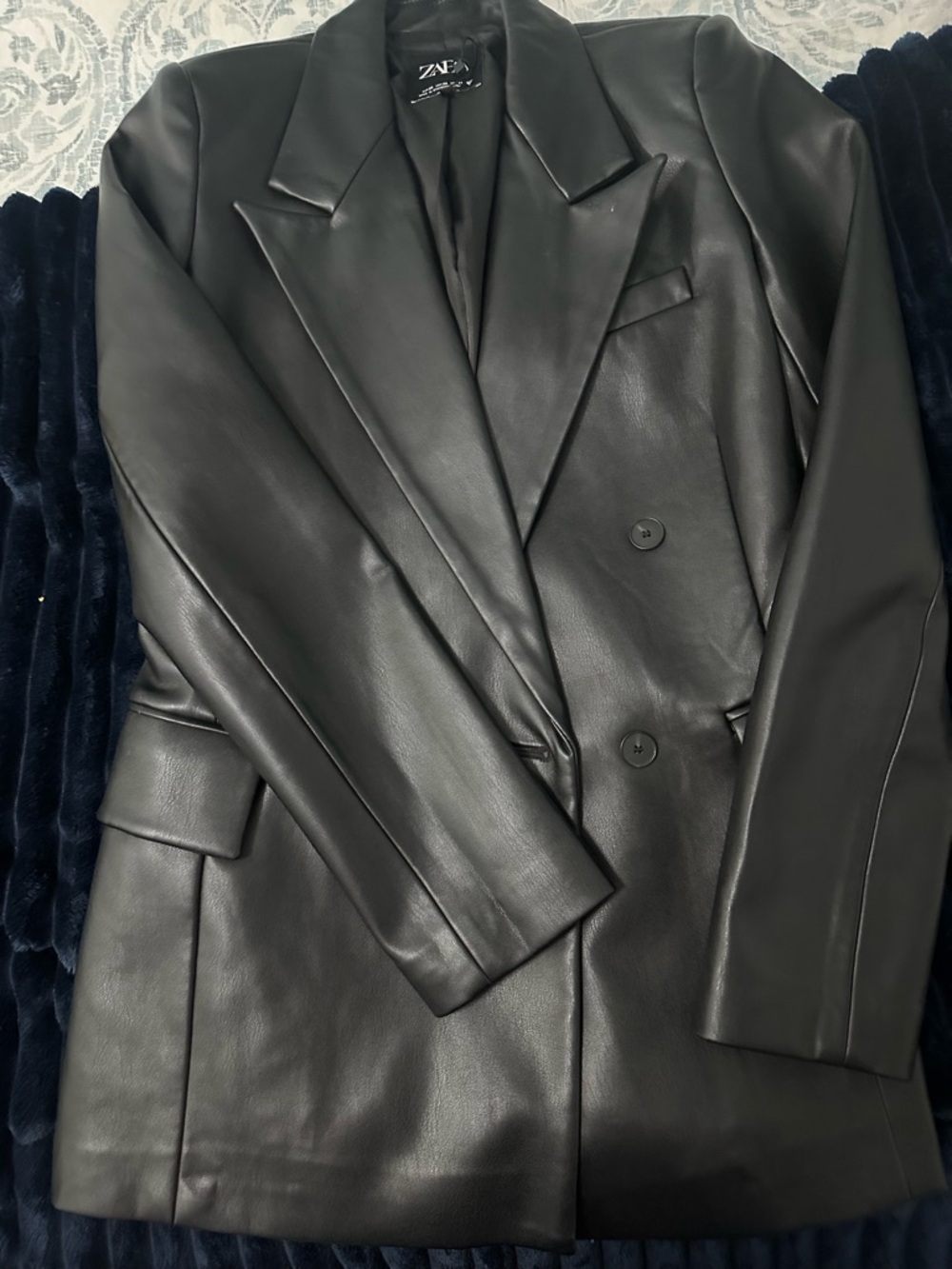 Zara Black Faux Leather Double-Breasted Blazer